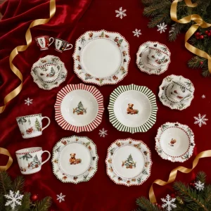 Festive Christmas Dinnerware Set Porcelain Plates & Mugs with Poinsettia Stocking & Bell Motifs Red & Gold Snowflake Design