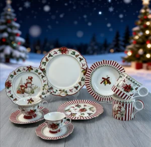 Festive Christmas Dinnerware Set (Service for 4) Snowman & Poinsettia Porcelain Tableware with Red Striped Accents