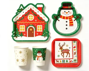 Festive Christmas Disposable Plates Cups Napkins Set Christmas Theme Party Disposable Tableware Set Holiday Decor