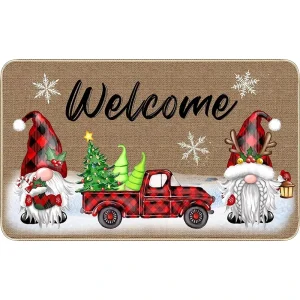 Festive Christmas Door Mat Non Slip Durable Snowflake Print Water Resistant Easy Clean Linen Floor Mat for Home Bathroom