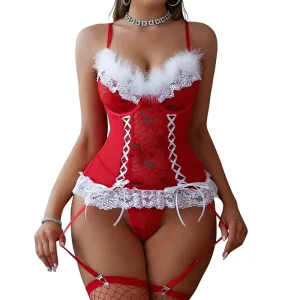Festive Christmas Lace Uniform Lingerie Set Sexy Santa Costume Holiday Red Nightwear Bra Panty Intimate Two Piece