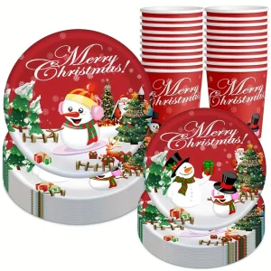 Festive Christmas Party Tableware Set 9″ & 7″ Snowman Themed Paper Plates and Cups with Merry Christmas Design Food Safe