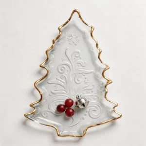 Festive Christmas Tree Shaped Eco Friendly Handmade Crystal Lead Free Glass Dinner Plate Gilded Gold Rim Embossed Snowflake