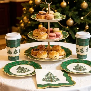 Festive Disposable Tableware Set with Gold Foil Scalloped Rim Christmas Tree Print Party Supplies