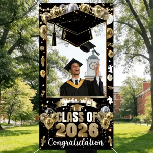 Festive Graduation Cutout Banner Black Gold Color Scheme OEM Custom Hanging Decor for Indoor Outdoor Parties