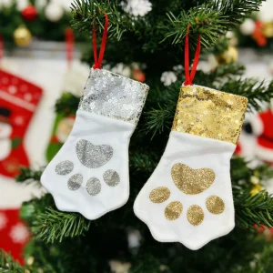Festive Holiday Pet Accessory Extra Large Dog Paw Print Stocking for Candy Treats Ornaments and Fireplace Decor