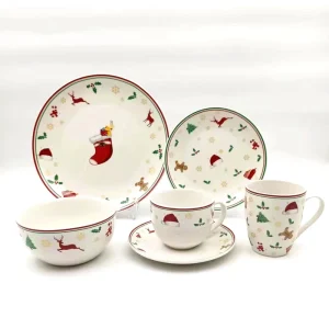 Festive Holiday Porcelain Tableware Set Christmas Stocking Reindeer & Gingerbread Print