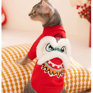 Festive Lion Dance Knitted Cat Sweater Polyester Thick Warm Winter Hairless German Cats New Year Celebration Casual