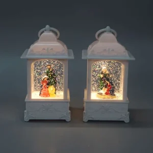 Festive Matte White Ornate Lantern LED Snow Globe Santa Scene Holiday Decor Light