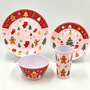 Festive Melamine Plate Bowl Cup Set for Holiday Meals and Family Celebrations