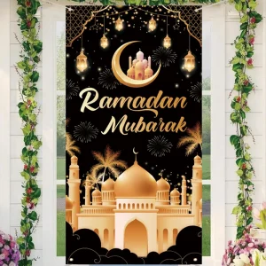 Festive Ramadan Porch Banner Customizable OEM Door Decor 100% Polyester 5.9×2.95ft Size Mubarak Party Supplies for Holiday