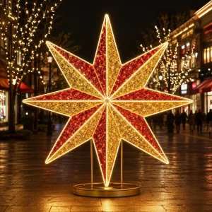 Festive Red And Gold 8 pointed LED Star With Mesh Fill For City Plaza Christmas Celebration 3D Star Motif Light