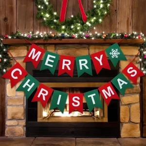 Festive Red Felt Christmas Banner Snowflake Design 2 Color Silk Screen Printed Party Holiday Decoration Flag