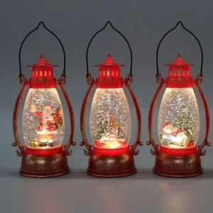 Festive Red Gold Trim Christmas Lantern LED Snow Globe Santa and Scene Holiday Decor Light