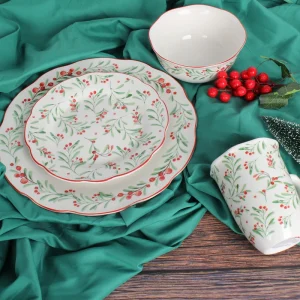 Festive Red Winter Berry Green Vine Scalloped White Porcelain Dinner Set Christmas Botanical Print Tableware