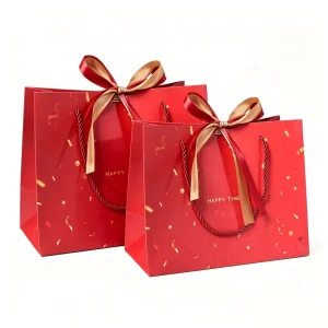 Festive Red and Gold Gift Bags with Satin Bow and Confetti Print for Chinese New Year or Wedding Favors