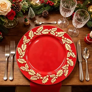 Festive Red with Gold Holly Embossed 13inches Plastic Charger Plates 50pcs for Home Service Christmas Holiday Table Decor
