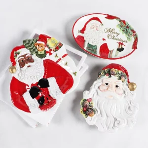 Festive Santa Claus Ceramic Serving Tray With 3D Relief Design For Christmas Party Dessert Fruit Or Candy Display Custom