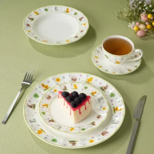 Fine Translucent Porcelain 20 Piece Cute Easter Chick Dinnerware Set Eco Friendly Dishwasher Safe Bone China Plate Cup Saucer