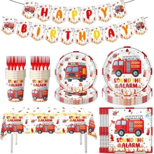 Fire Truck Birthday Party Decoration Set Disposable Fireman Paper Plates Cups Napkins Tablecloth Tableware