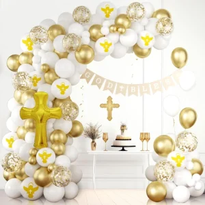 First Communion Decorations Balloon Garland Arch Kit Baptism Decoration First Holy Communion Decorations with God Bless Banner