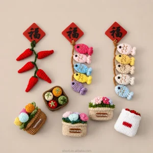 Fish String Rose Tomato Baby Breath Knitted Home Decoration Gift Family Set Handmade Crochet Fridge Magnet