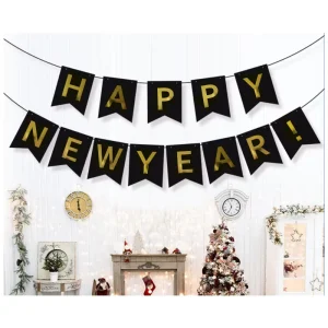 Fishtail Black Bronzing Paper Flag New Year Party Decoration with Happy New Year Theme Novel Party Novelties for New Year Party