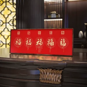 Five Blessings Brass Wood Rectangle Calligraphy Design Ornament New Chinese Style Desktop Decor Living Room Study Metal Art