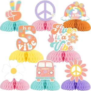 Five Is a Vibe Honeycomb Centerpieces Boho Girls 5th Birthday Party Decorations Daisy Flower Retro Hippie Theme Table Toppers