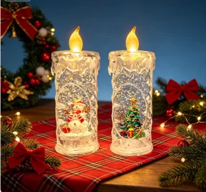 Flameless LED Water Candle Light with Santa Snowman Car Figurines Swirling Glitter Christmas Decor Snow Ball