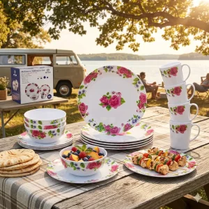 Floral Melamine Dinnerware Set 16 Piece Rose Pattern for Outdoor Camping