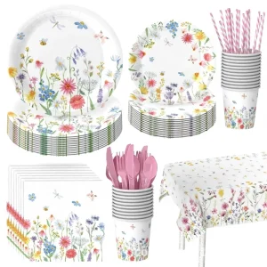 Floral Paper Party Tableware Set Disposable Plates Cups Napkins Flower Theme Birthday Wedding Garden Party Supplies
