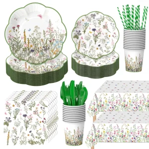 Floral Party Supplies Disposable Tableware Set Paper Plates Cups Napkins for Garden Party