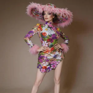 Floral Sequin Bodycon Stage Dress Ruffle Hat Set Sexy Open Back Mini Gown Drag Queen Showgirl Carnival Wear Outfit