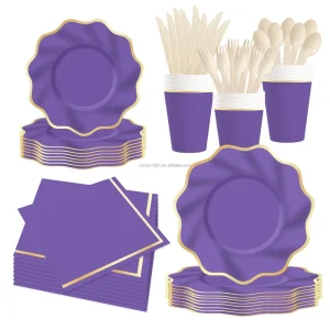 Floral-edge Custom-shaped Paper Plates Plain Color with Gold Stamping Disposable Tableware Birthday Wedding Party Decoration Set