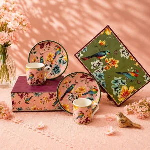 Flower and Bird Ceramic Mug With Plate Set Pink Ceramic Coffee Cup with Plate Sets for Holiday Gifts