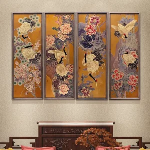 Flower and Bird Couplets Brass Painting Hanging Movable Chinese Style Living Room Sofa Background Wall Large Metal Mural