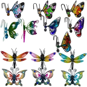 Flowerpot Decorative Pendant Butterfly Dragonfly Design Metal Glass Painted Hanging Ornament for Potted Plants Personalized