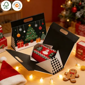 Foldable Christmas Gift Box with Handle Luxury Foil Stamped Paper Packaging for Wedding Favors Cosmetic Sets & Holiday Gifts