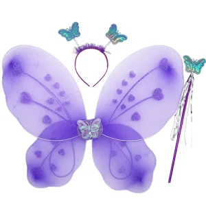Foldable Iridescent Butterfly Angel Wings with Fairy Magic Wand Set Shiny Glitter Fairy Birthday Dress up Costume Props