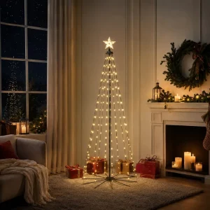Foldable Lighted Christmas Tree with LED Fairy Lights and Star Topper Indoor Outdoor Festive Decoration for Home Yard