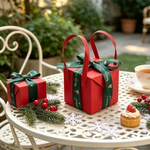 Foldable Red Handheld Gift Box Custom Christmas Ribbon Packaging Box for Holiday Candy Chocolate