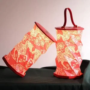 Folding Paper Lamp Chinese Red Foldable Lantern with Carry Handle Touch Sensor Dimmer for Year of Horse