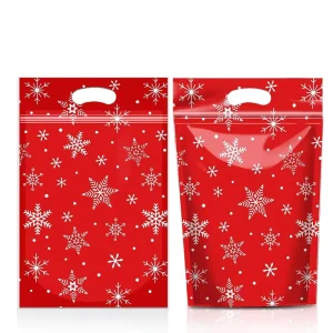 Food Safe Disposable Reusable Christmas Stand up Zipper Pouches with Handle Bakery Treats, Party Favors, Holiday Gift Packaging