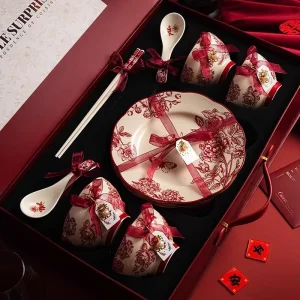 Food safe Red Floral Ceramic Dinner Set with Underglaze Craft Stackable Tableware for Microwave and Dishwasher Safe Daily Use
