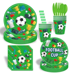 Football Green Theme White Cardboard Disposable Plates Cups Tissues Tableware Soccer Ball Design Birthday Party Portable