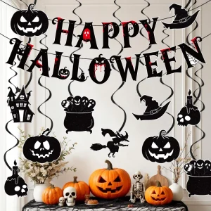 For Halloween Bat Party Banner Spiral Set Black Horror Witch Pumpkin Hanging Paper Decorations Supplies