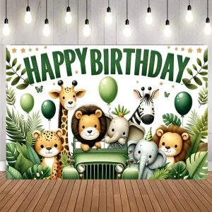 Forest Jungle Animal Theme Banner Backdrop Children’s Cartoon Print Happy Birthday Party Background Banner Backdrop