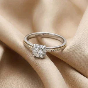 Four Claw Halo Solitaire Ring Scratch Resistant Two Tone Silver Gold Diamond Ladies Ring