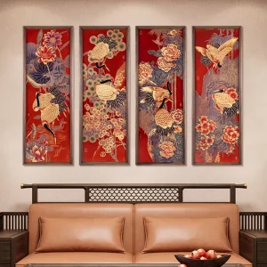 Four Screen Brass Metal Handicraft Decorative Painting New Chinese Traditional Vertical Version Sofa Background Wall Mural